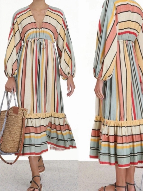 Zimmermann Dresses & Skirts - Zimmermann Striped V-Neck Midi Dress in Cream, Pink, Blue, Yellow, Red